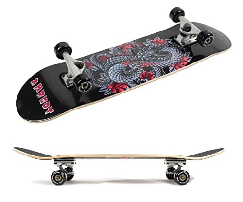 Black skateboard with dragon and floral design.