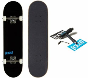 Complete skateboard set with deck, trucks, wheels, and tool.