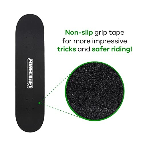 Skateboard with non-slip grip tape featuring Minecraft logo.