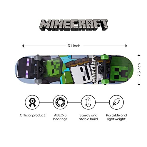 Minecraft skateboard with character graphics and product features.