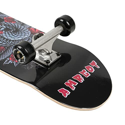 Close-up of skateboard with dragon design and Amrgot logo.