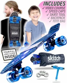 Skateboard set with accessories including video course, speed caps, skate tool, backpack, tote bag.