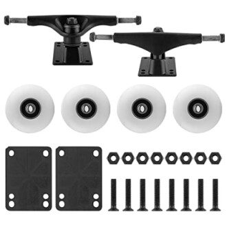 Skateboard trucks, wheels, and hardware set.