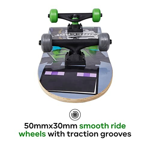 Skateboard with 50mmx30mm smooth ride wheels and traction grooves.