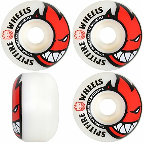 Spitfire skateboard wheels with red flame graphic.